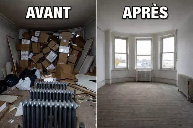 Pièce vide et propre avant après un débarras maison avec des radiateurs en fonte »