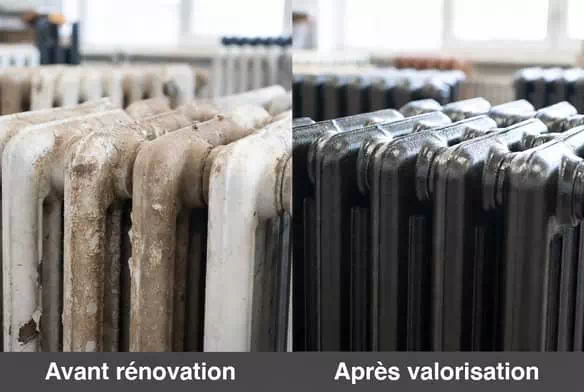 Radiateurs en fonte avant et après rénovation trouvés lors d'un débarras