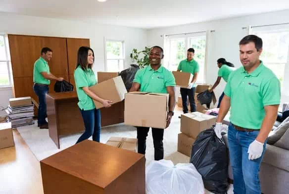 Équipe professionnelle des Compagnons Débarrasseurs en action lors d'un vidage complet de maison