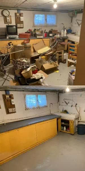 photo avant après un Louer une benne pour vider une maison  complet sous-sol